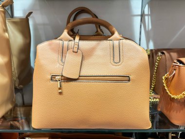 Altın fermuarlı bronz bir çanta rafta diğer çantaların yanında, vitrinde durur.