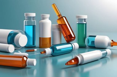 İlaç şişeleri, şırıngalar ve tıbbi şişelerin temiz ve çağdaş geçmişlere karşı kullanıldığı tıbbi çözümler ve modern kompozisyonlarda gelişmeler..