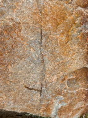 Bir sürü deseni ve birkaç siyah noktası olan bir kaya. Kaya kahverengi ve gri.