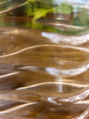 İçinde yeşil yapraklar ve dalgalı desenli cam bir vazo. Vazo berrak camdan yapılmıştır ve kahverengimsi bir tonu vardır. Vazonun içindeki yapraklar yeşil ve suda yüzüyor gibi görünüyor.