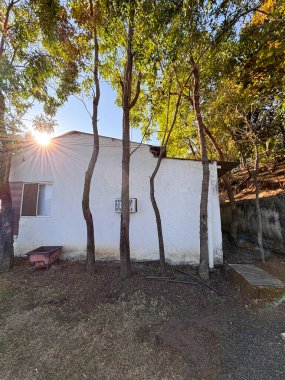 Önünde birkaç ağaç olan beyaz bir ev. Evin etrafı toprakla çevrili.