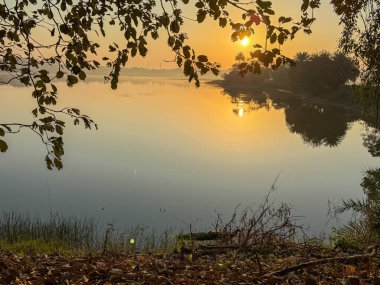Önünde ağaç dalı olan bir gölün üzerinde güzel bir günbatımı. Su sakin ve gökyüzü turuncu.