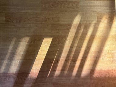 Üzerinde güneş ışığı parlayan ahşap bir zemin, yerde bir gölge yaratıyor. Gölge uzun ve dar, zemin boyunca uzanıyor. Güneş ışığı sıcak ve davetkar bir atmosfer yaratır.