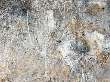 Üzerinde bir sürü çatlak ve kir olan bir duvar. Duvar gri ve beyaz.