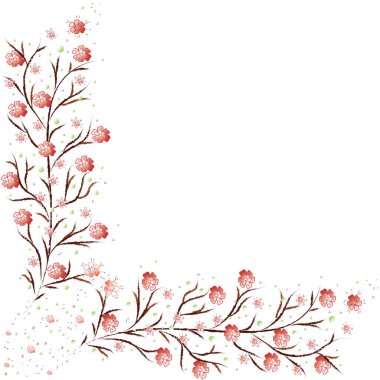 Illustration of an abstract twig with blossoming branches of a fruit tree. Red blooming twigs with space for text, isolated. Vector and jpg.