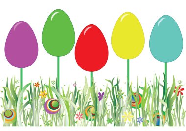 Spring blooming egg bed. Easter motif. Easter eggs on stems in flowers and grass. Vector and jpg format.