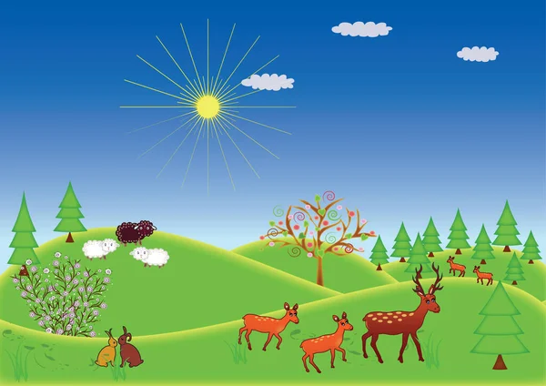 Spring landscape image with wildlife. Spring landscape image with wildlife. Green hills with roe deer, deer, sheep, hares and forest. Picture in vector and jpg