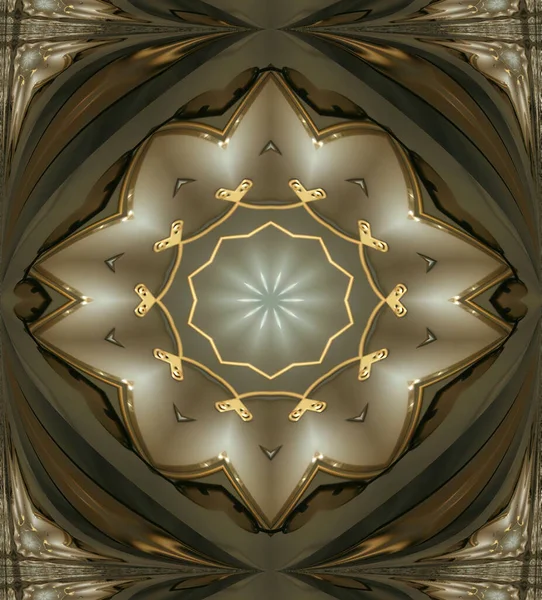 活泼的灵性金花曼陀罗 画面抽象的曼陀罗 金色的褐色背景 中间点缀着星光和白光 — 图库照片