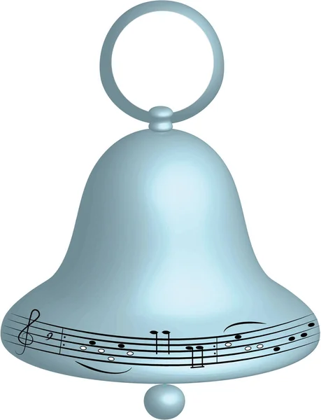 蓝色的铃铛在白色的背景上隔离开来 带有黑色音乐符号装饰的金属钟物矢量3D图形 — 图库矢量图片