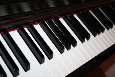 Piano keyboard template, close-up view. Piano background with black and white keys, wallpaper. Musical motif with musical scale in perspektive.	