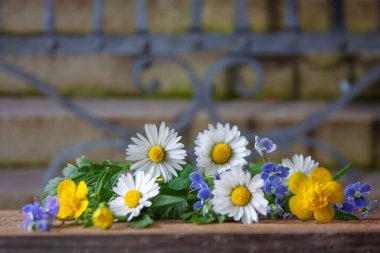 Çiçekli bir buket çayır papatyası. Renkli çayır çiçekleri ahşap üzerinde hala hayat, arka planda bir kapısı olan kilise merdivenleri.