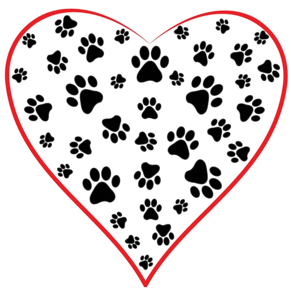 红心动物的踪迹 有黑色宠物爪纹图案的花纹心脏 物体矢量 白色孤立体 — 图库矢量图片