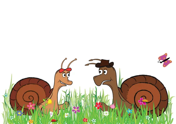 Joyful Slow Rendezvous Pair Snails Insect Happy Story Blooming Meadow — Stock Vector