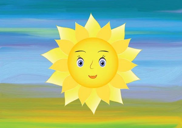 笑顔の象徴的な太陽 夏の上空の太陽 アートレッジプログラムで手ブラシをかけられた背景 絵画風景 — ストック写真