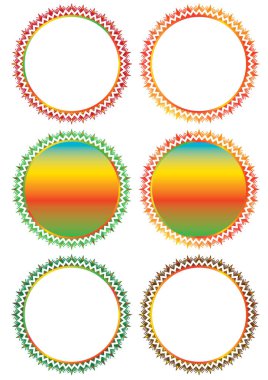 Renkli dekoratif çerçeveli izole bir set. Beyaz nesneli ve renkli dairesel boş çerçeve sayfası dekoratif kenarlıklı vektör.