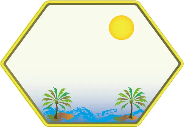 Beach Label Trees Ocean Sun Vector Illustration Yellow Island Sea — Stock Vector