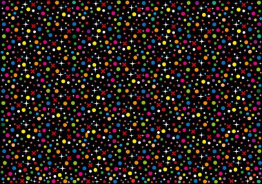 Renkli polka noktaları, yıldızlar, çiçeklerin pürüzsüz deseni. Özgeçmişi güzel, kutlama için konfeti, kumaş malzemesi, ambalaj kağıdı. Biçim vektörü, jpg.