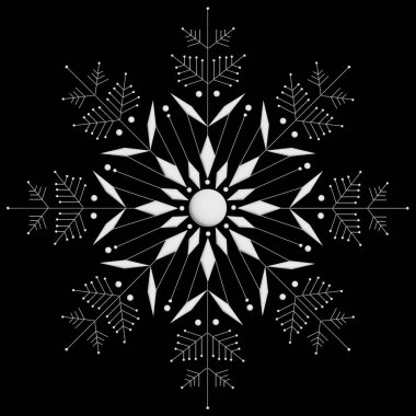 Kar beyazı dekoratif pullar. Gece resmedilmiş kar tanesi ikonu. Siyah arkaplanda tek bir kar tanesi izole edildi.