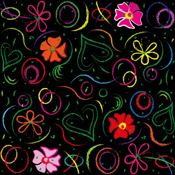 花が付いているベクトル抽象的な背景の継ぎ目が無い花模様 手描きの落書きの花が付いている継ぎ目が無い花柄と黒い背景 包むペーパーの葉 — ストックベクタ