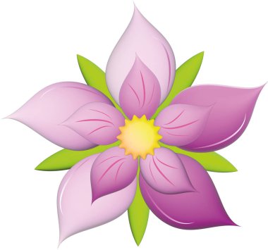 Beyaz arka planda menekşe rengi bir nonoş tasviri. Yeşil yapraklı pembe mor çiçeğin izole nesne ikonu, çizgi film tarzı. Vektör, jpg.