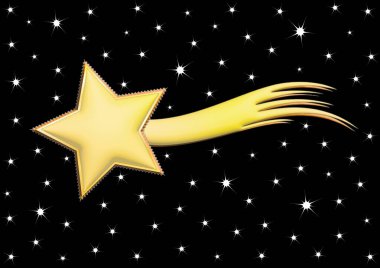 Kuyruklu bir altın kuyruklu yıldızın Noel motifi. Gece yıldızlı gökyüzünün parlak uçan kuyrukluyıldızla temsili. Siyah arkaplan.