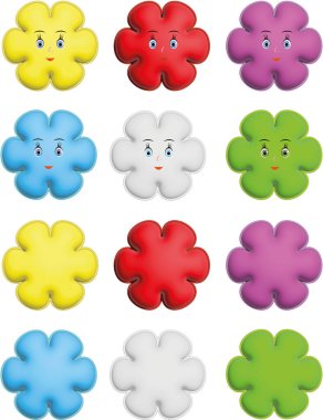 Çiçek şeklinde renkli düğme demetlerinin çizimi. Yüzleri olan ve diğer kullanım alanları için boş olan koleksiyonun bir parçası.