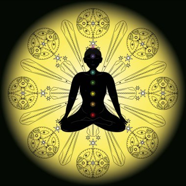 Nilüfer pozisyonunda bir yoginin silueti. Arkaplanda mandala deseni olan oturma pozisyonundaki bir adamın vektör çizimi silüeti..