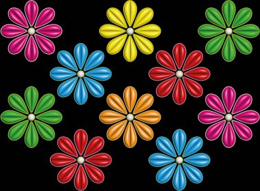 Dekoratif renkte parlak çiçekleri olan kusursuz bir desen. Siyah arkaplanda çiçek açan desenler..