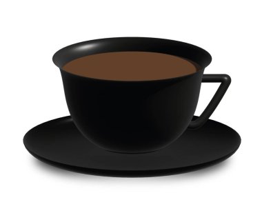 Vektör siyah kahve bardağı. 3D simgeli sütlü kahve, siyah tabakta çikolata. İzole edilmiş beyaz kavram.