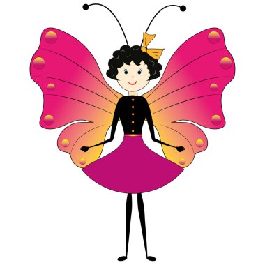 Vektör kelebek şirin giyimli küçük kız. Eteğinde kelebek kanatları olan yaratıcı, ayakta duran karakter böceği..