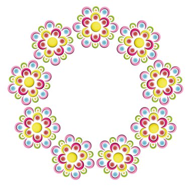 Soyut çiçek çemberi çerçeve çizimi. Boş alanı olan renkli çiçekli bir buket çelenk. Nesne izole edildi.