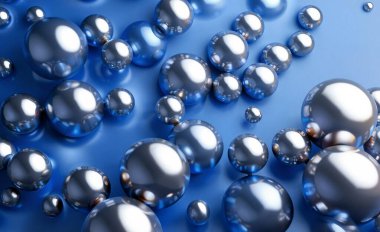 Mavi taşaklı soyut bir arkaplan. Manyetik paslanmaz çelik yol gösterir. Taşak grupları, yataklar. Kavram, krom yuvarlak madde deseni, mavi arkaplanda kabarcıklar.