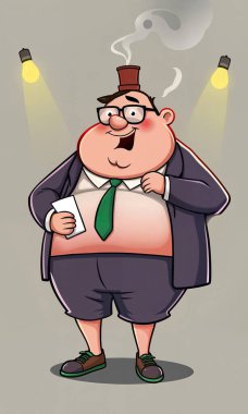 Reçeteli şişman adam. Aşırı kilolu, sigara içen tehlikeli bir yaşam tarzı var. Şişman iş adamının kafasından sigara içişini gösteren karikatür çizimi, metafor..