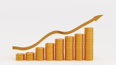 Business graph or bar chart diagram with stack of gold coin. Growth business and financial concept. 3D rendering.
