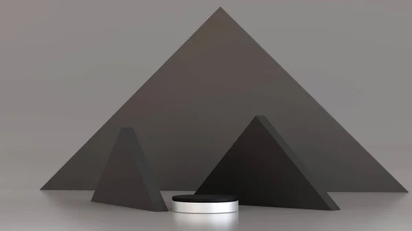 圆柱形讲台基座 带有粘贴的简单几何形状墙 产品展示舞台 3D渲染 — 图库照片