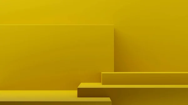产品展示会的黄色平台梯级展台及产品展示会推广仪式 以黄色为背景 3D渲染 — 图库照片