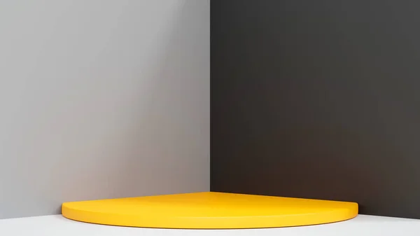 带灰色墙壁的黄色圆柱形讲台 产品展台 3D渲染 — 图库照片