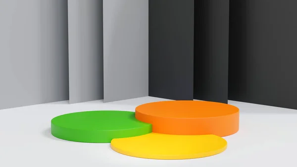 带有灰色墙壁的黄色橙色和绿色圆柱形讲台 产品展台 3D渲染 — 图库照片