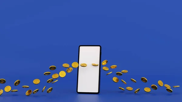 Gouden Munt Overloop Van Smartphone Display Geld Verdienen Online Business — Stockfoto