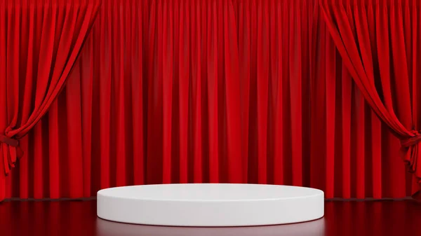 Round podium on stage theater or opera with red velvet curtain, 3D rendering.