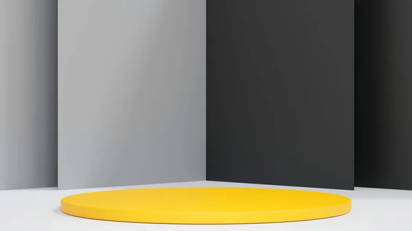 带灰色墙壁的黄色圆柱形讲台 产品展台 3D渲染 — 图库照片