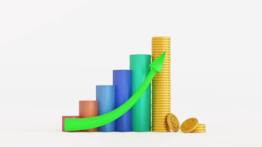 Business graph or bar chart diagram with stack of gold coin. Growth business and financial concept. 3D rendering.