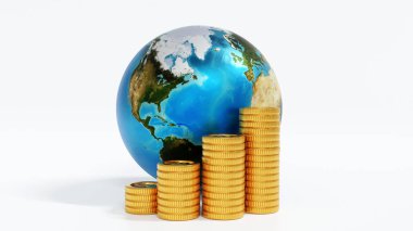 Küre ya da dünya altın para yığını, dünya ticareti finansal konsepti, NASA 'nın elementi, 3D görüntüleme.