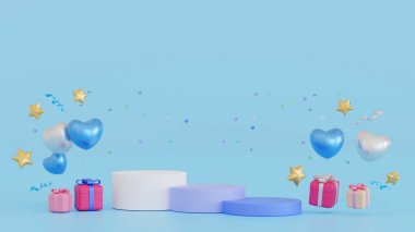 Promotion platform pedestal podium stage design with gifts box and balloon decoration, mock up for valentine or anniversary season, 3D rendering.