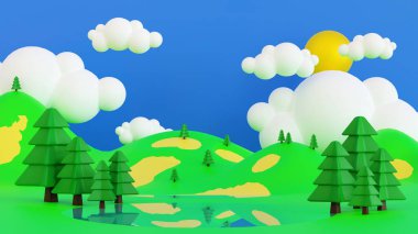 Cartoon Spring summer rural landscape, meadow and mountain with blue sky and cloud, for banner, poster background greeting card, 3D rendering.