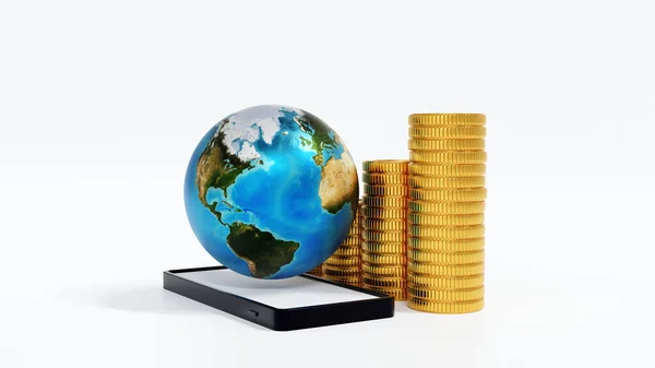Смартфон Стопкой Золотых Монет Земной Шар Земля Мировой Бизнес Финансовая — стоковое фото
