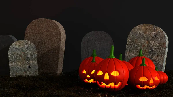 万圣节南瓜与蜡烛在坟场与墓碑 在夜晚的森林 万圣节夜晚的概念 3D渲染 — 图库照片