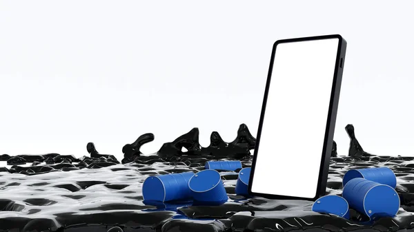 Ruwe Olie Spatten Met Vaten Smartphone Concept Van Oliemarkt Business — Stockfoto