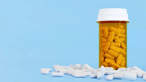White pills and yellow pills bottle, Medicine bottles with drugs, health care and medical concept, 3D rendering.