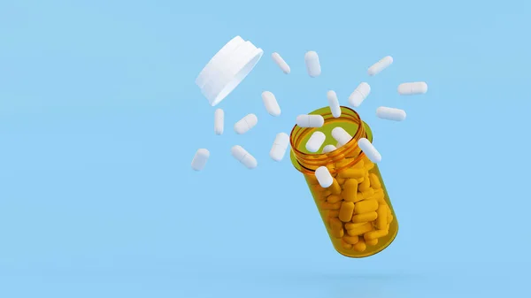 White pills spilled out of the yellow pills bottle, Medicine bottles with drugs, health care and medical concept, 3D rendering.